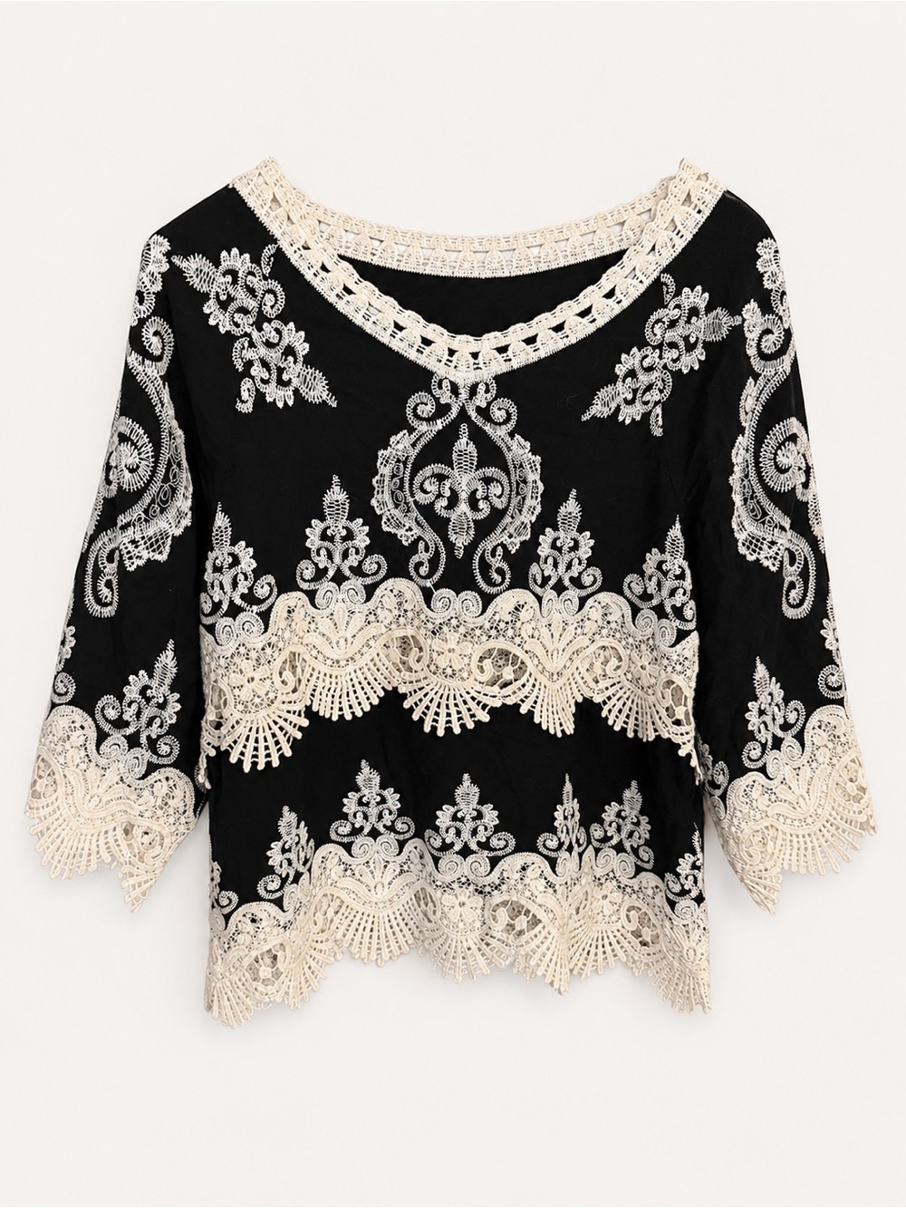 Black Lace-Embroidered Women's Blouse with Cream Trim